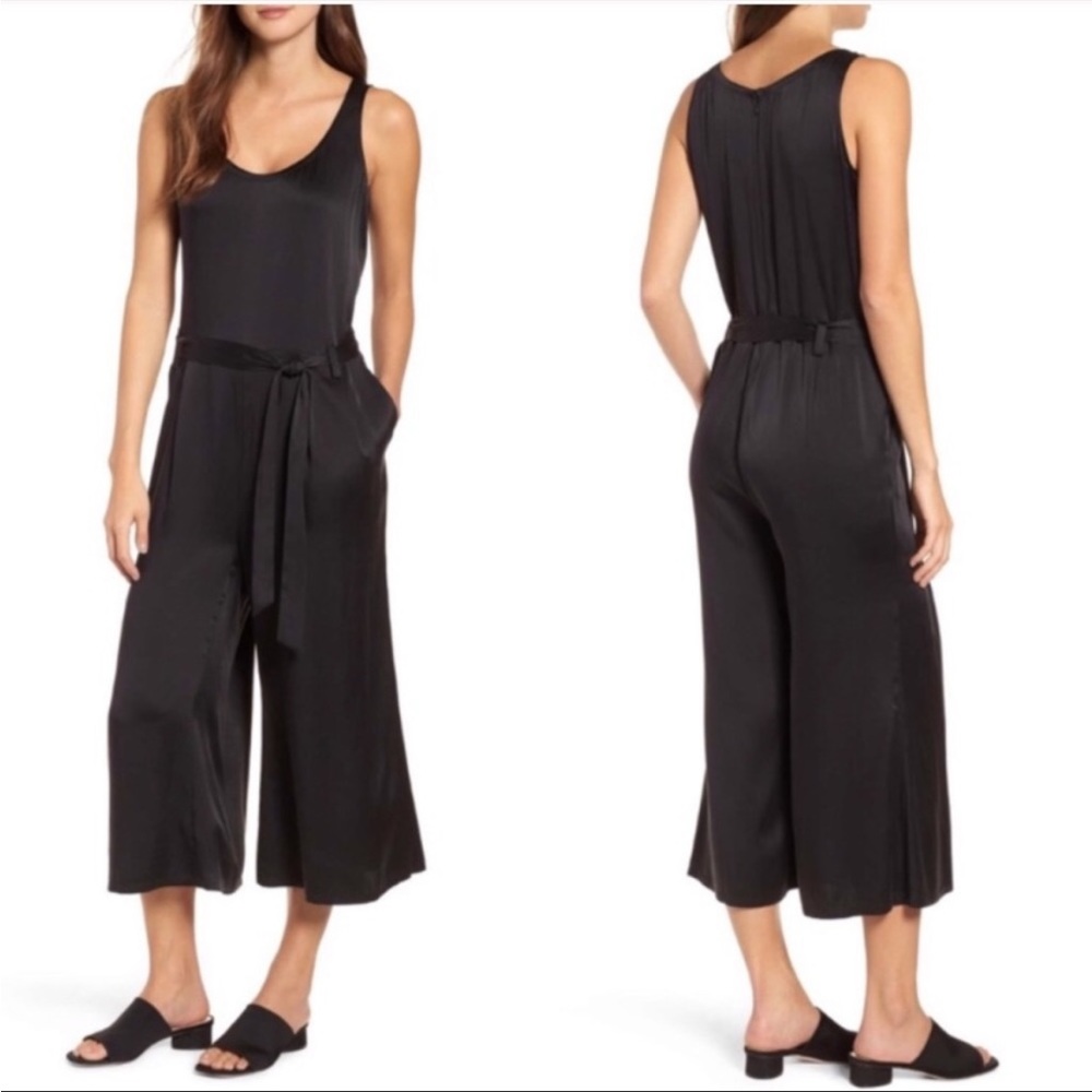 Eileen Fisher Crop Leg Silk Jumpsuit Black Wide Leg Sleeveless Scoop Neck Belt S